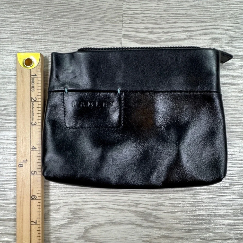 Radley Women's Cosmetic Bag Pouch Black Leather Small Zippered Travel‎ Toiletry